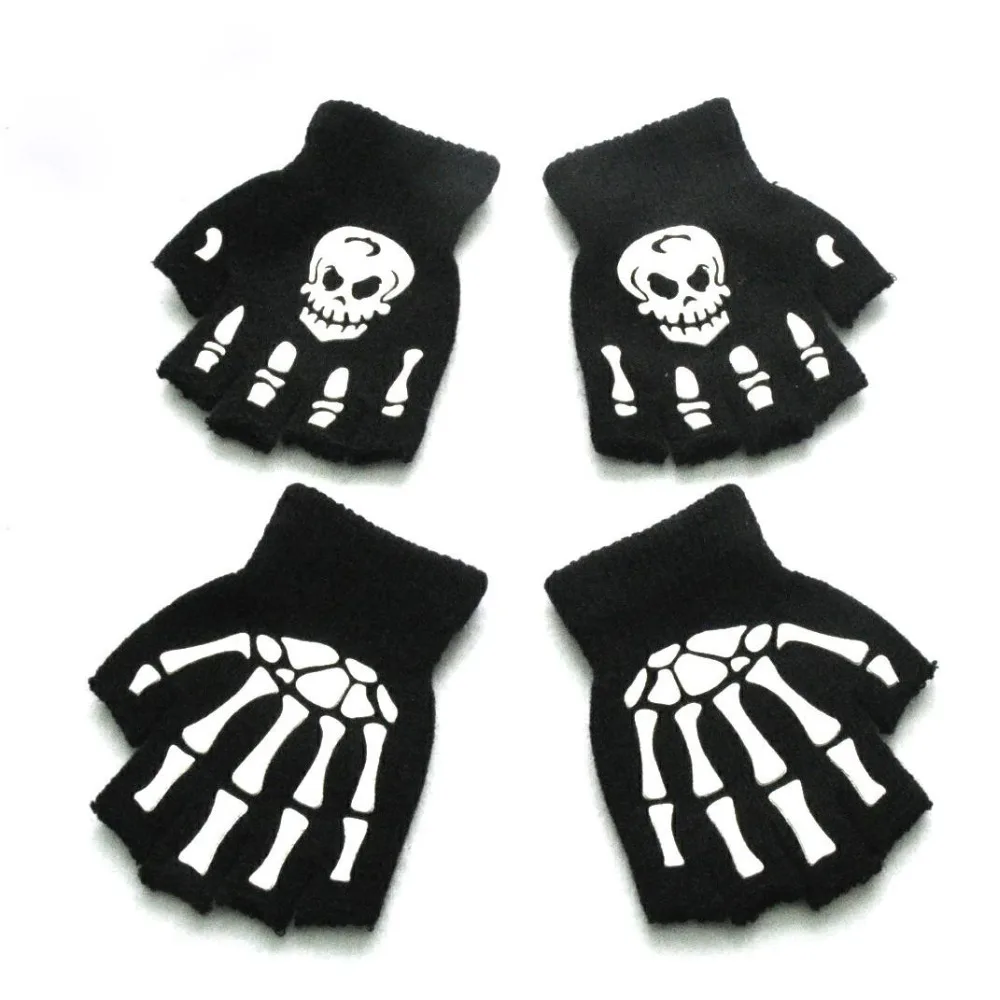 Halloween skull Ghost print fluorescent luminous gloves Kids outdoor warm knitted gloves For Boys Girls