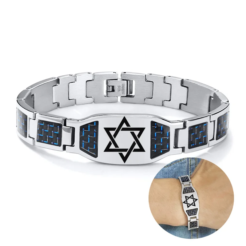 Carbon Fiber Bracelet Men Custom Star of David Logo Stainless Steel Hand Chain ID Bracelets For Dad Boyfriend Gift menorah menora jewish israel holyland jerusalem star of david hamsa hamesh miriam hand menorah