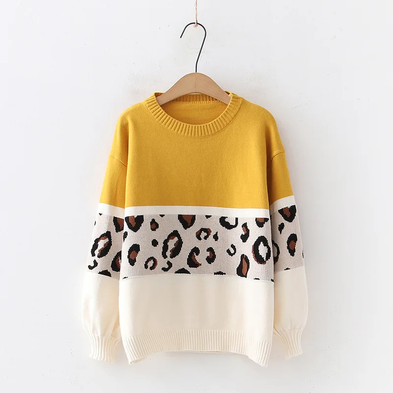 Women's Autumn Winter Hit Color Leopard Sweaters Fashion Lantern Sleeve Art Style Chic Pullovers Female All Match Loose Sweater | Женская