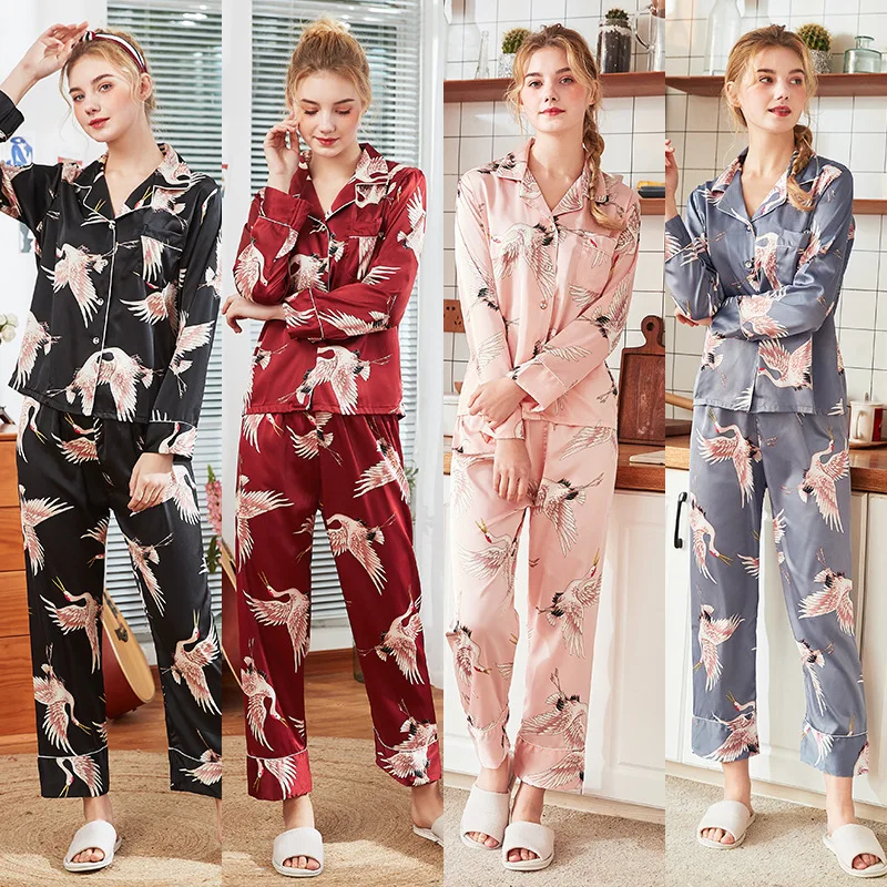 

Two-piece Set Pajamas for Women Rayon Animal Full Full Length Pajama Set Summer Leisure Home Satin Pajamas Tracksuit