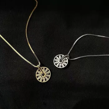 

ANENJERY Hollow Round Circle Compass Gold Necklace Silver Color Clavicle Chain Cubic Zircon Necklace For Women S-N544