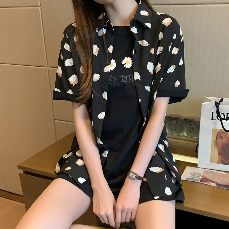 Women Blouses Direct Selling Button Print 2020 Summer New Short-sleeve White Black Shirt Female Casual Women's Slim Clothing