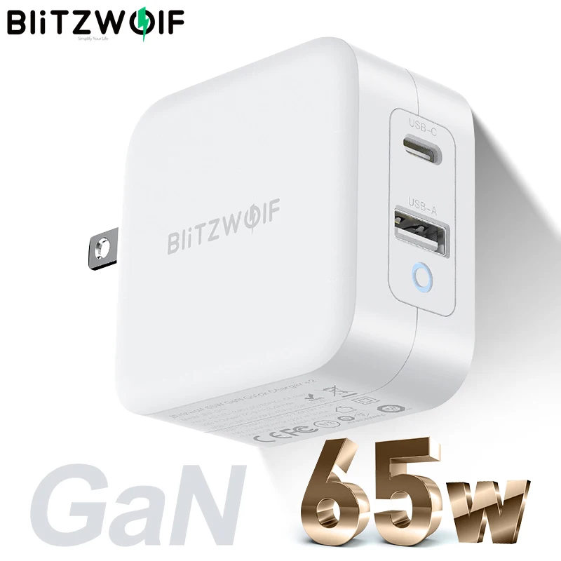 BlitzWolf BW-S18 Gan 65W 2-Port USB-C PD Fast Charger PD3.0 Power Support QC3.0 SCP FCP Protocols Adapter For IPhone 12 Pro Max
