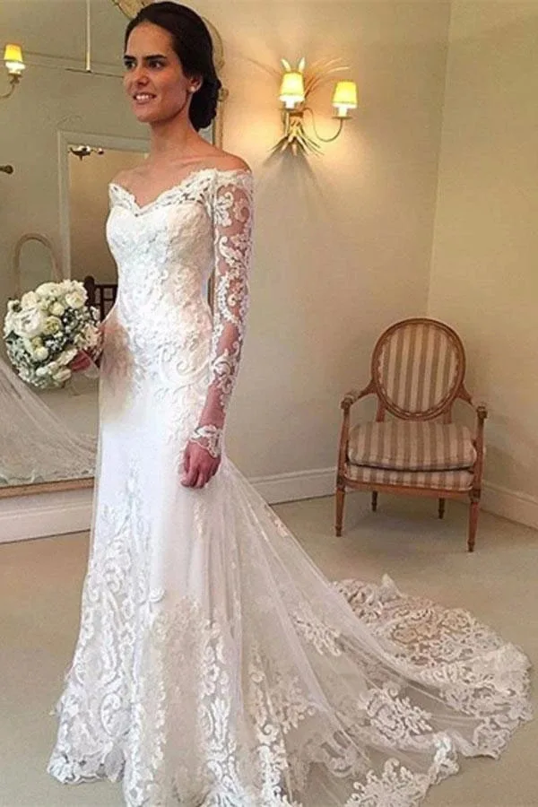 

Mermaid Wedding Dresses Lace Long Sleeves Off The Shoulder V-neck Vintage Bridal Dress Vestido De Noiva Sereia