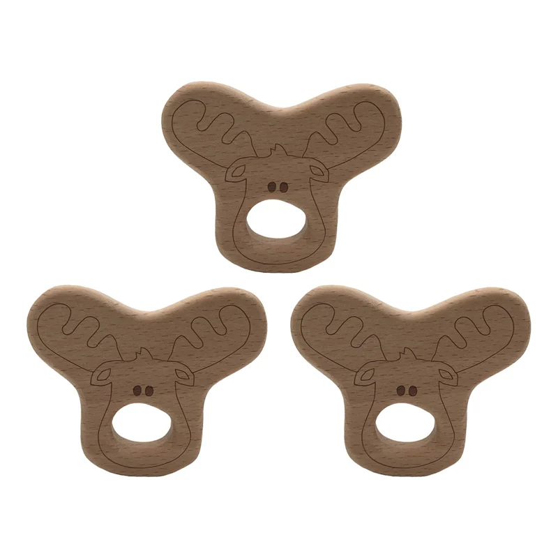 

DIY Cartoon Animals Reindeer Shape Baby Wooden Teether Food Grade Beech Pacifier Chain 3C Certification Wooden Baby Teether Toys