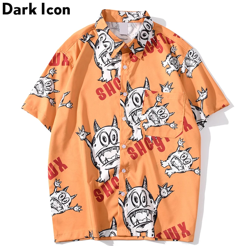 

Dark Icon Printed Street Shirts Men Turn-down Collar Fashion Hip Hop Shirt 2020 Summer Hawaii Beach Blouse Male