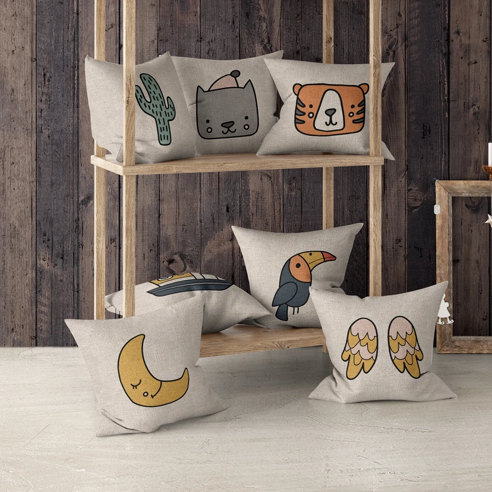 

Cartoon Cushion Cover Home Decor Textile Cute Moon Animal Tiger Printed Pillowcase Throw Pillow Case Cutton Linen Car Sofa Bed