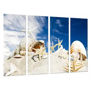

Beach Sea Sky, Stars Shells Conch Shells On Sand, photo print on wood, modern picture decorative 27060