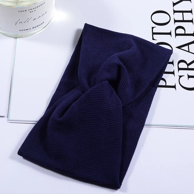 Women Headband Twist Turban Solid Wide Knitted Knotted Yoga Twisted Hairband Accessories For Turban Bandage Bandanas Hair Bands 01-Dark Blue