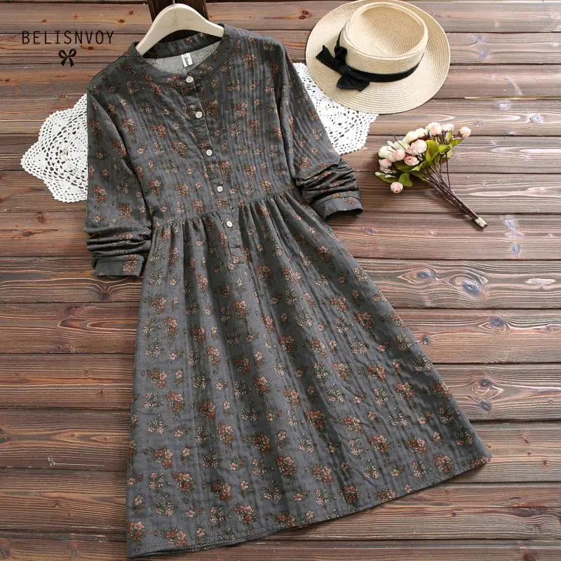 Prairie Chic Style Dress Fashion Spring Autumn New Women Vestidos Stand Collar Floral Printed Dress Casual Long Sleeves Vintage