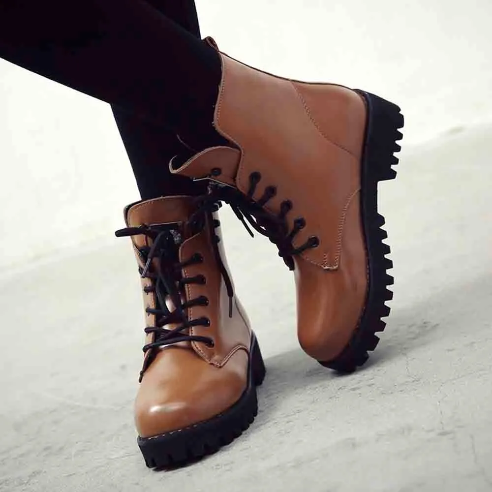 

SAGACE Size 35-40 Chunky Motorcycle Boots For Women Autumn 2019 Plush Lace Retro Combat Boots Ladies Shoes