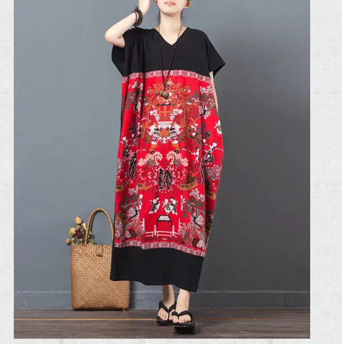 Black and Red LZJN размера плюс цветочное женское платье Летнее Длинное Платье макси с коротким рукавом из хлопка и льна платье vestidos robe Longues Ete - Цвет: Black and Red