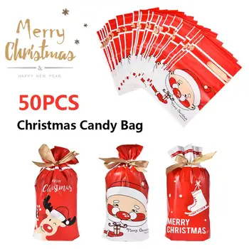 

50PCS Christmas Drawstring Bags Cute Candy Ribbon Bundle Pocket Santa Claus Xmas Tree Packing Bags For Christmas New Year Gift