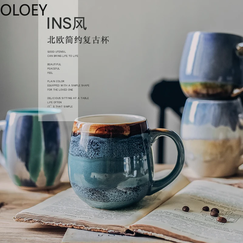 

Creative Vintage Coffee Mugs Handmade Porcelain Milk Mugs with Lids Big Ceramic Travel Tea Cup Reusable Coffee Mug Luxury Blue