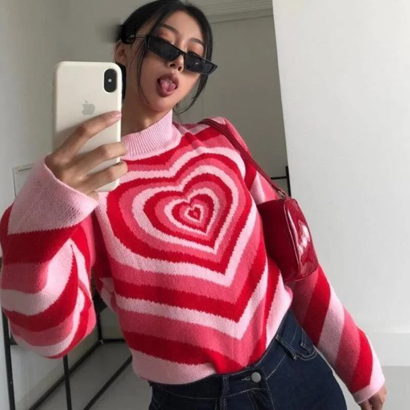 Y2K-suéter de cuello alto para chicas, suéteres de estética de corazón a rayas, suéteres adorables largo de manga Harajuku de los 90, ropa de calle de punto de primavera y otoño