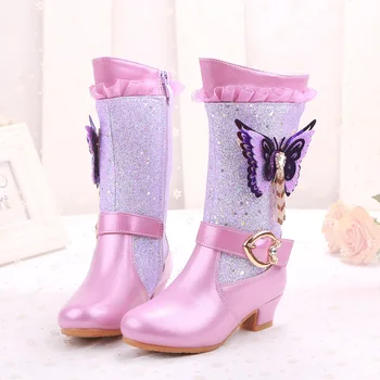 

Girls High Heels Snow Boot Kids Sequins Plush Winter Children Dress Boots Glitter Princess Leather Mid-calf Warm Butterfly Boots
