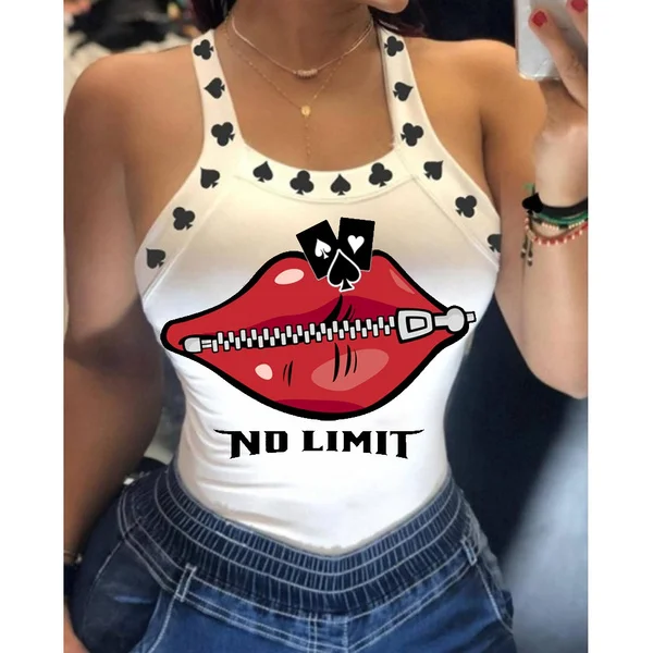 Summer Ladies Harajuku Shirts Slim Fit Polyester Sleeveless Top Tshirts Tank Tops Women U Neck Letter Print Lips Vest MC0300BS