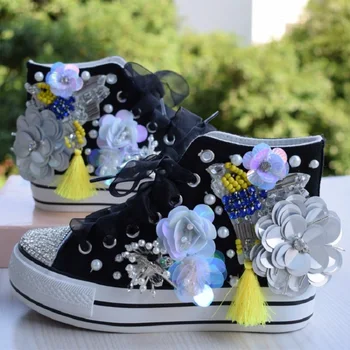 

2020 Autumn New Rhinestone Sequins Beads Korean Casual Platform Canvas High Top Shoes Women's Shoes Student Shoes