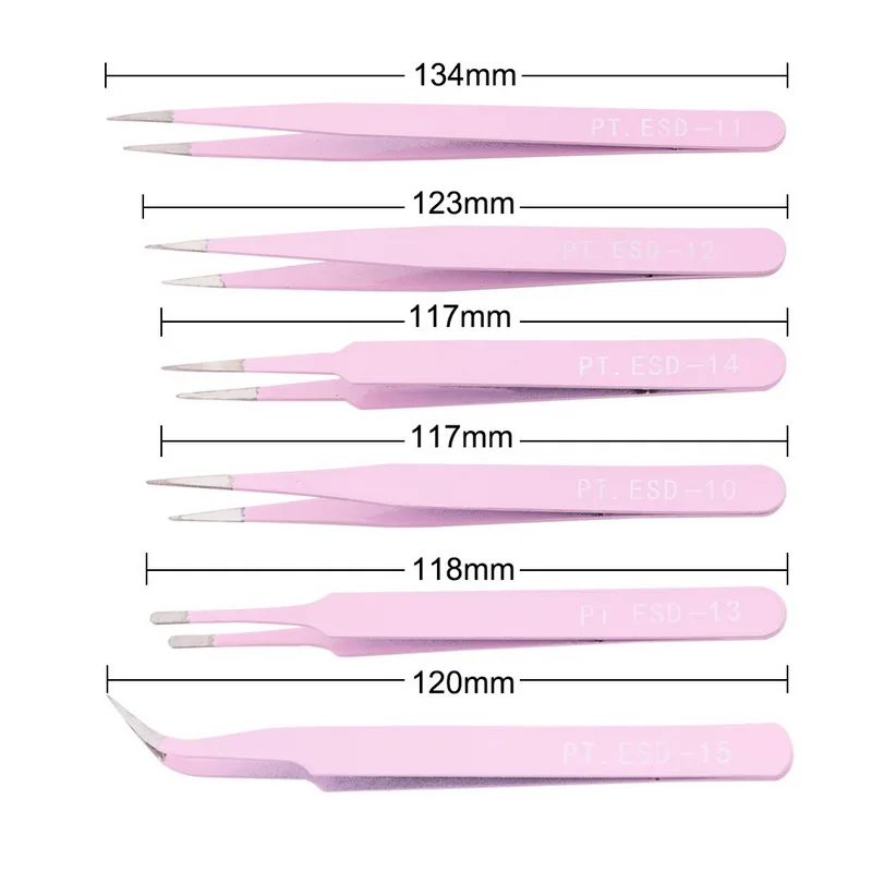 6 шт. антистатические пинцеты из нержавеющей стали набор инструментов для ремонта электроники набор прецизионных моделей ручной набор инструментов - Тип головки пинцета: Pink 6pcs set