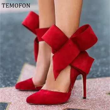 

TEMOFON new high heels shoes women pointed toe thin heel pumps ladies shoes spring summer suede flock wedding party shoes HVT718