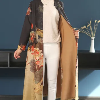 

Suede Long Middle Aged Women Windbreaker Spring Plus Size Printing Single-Breasted Celebrity Style Cardigan Crew neck ropa mujer
