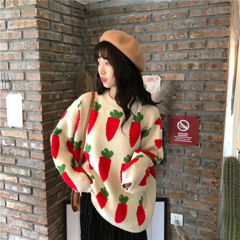 

2019 Winter Sweater Women Korean Kawaii Carrot Pattern Casual Oversized Knitted Pullover Beige Yellow Blue pull femme T368