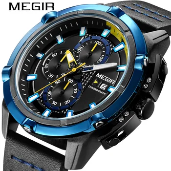 

Megir Fashion Casual Dress Chronograph Analog Quartz Men Watch Leather Belt Luminous Hands Calendar Waterproof Sports Wristwatch