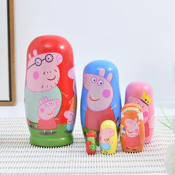 

Peppa Pig 6-Layer Russian Matryoshka Doll Wooden Toy Cartoon Pig Image Basswood Material Children's Gift Toy High-End Gift