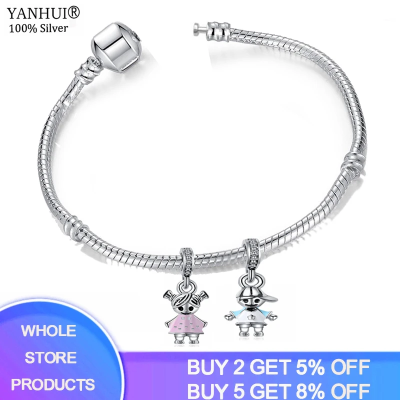 

95% OFF! Original 925 Solid Silver Bracelet with Lover Boy&Girl Charms Beads Snake Bone Charm Bracelet Women Gift Fine Jewelry