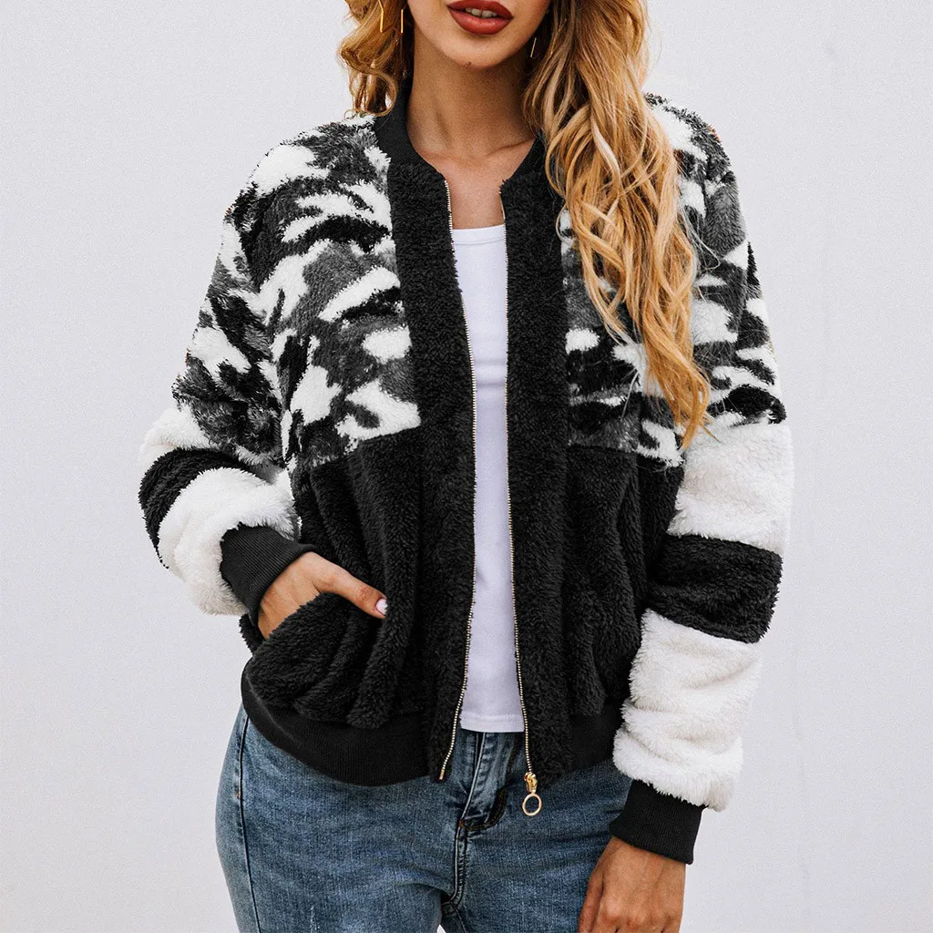 Autumn Winter Women Jacket Fleece Teddy Coat Women Patchwork Long Sleeves Zipper Pocket Warm Jacket Overcoat Blouse#109