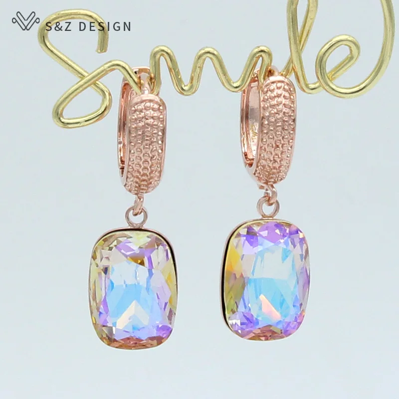 S&Z DESIGN Square Crystal Dangle Earrings For Women Wedding Jewelry 585 Rose Gold Color Party Fashion Eardrop