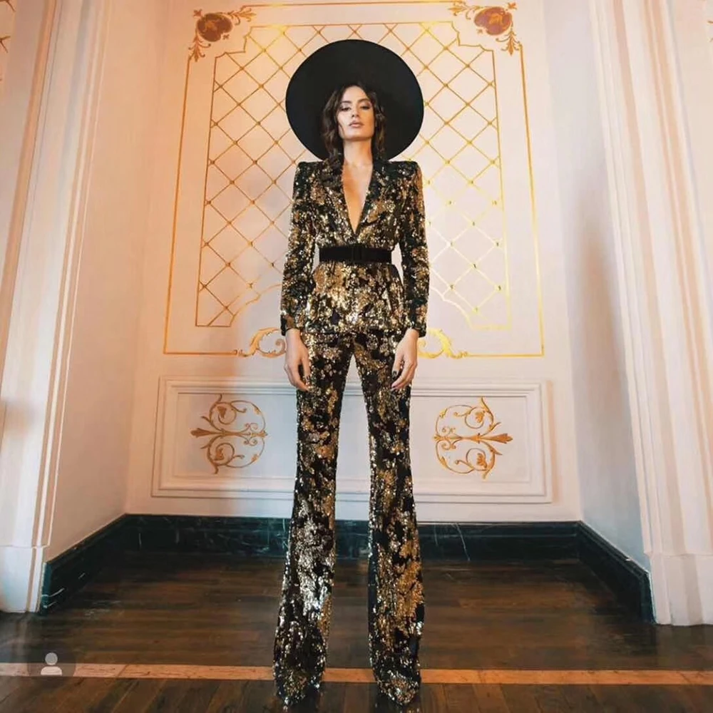 

2019 New Women Gold Sequin Coat & Pants Set Long Sleeve Patchwork Fashion Two 2 Pieces Suit Celebrity Party Casual Wholesale