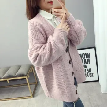 

Women V-Neck Sweater Cardigan Loose Long Section Cardiga Single-Breasted Jacket New Arrived