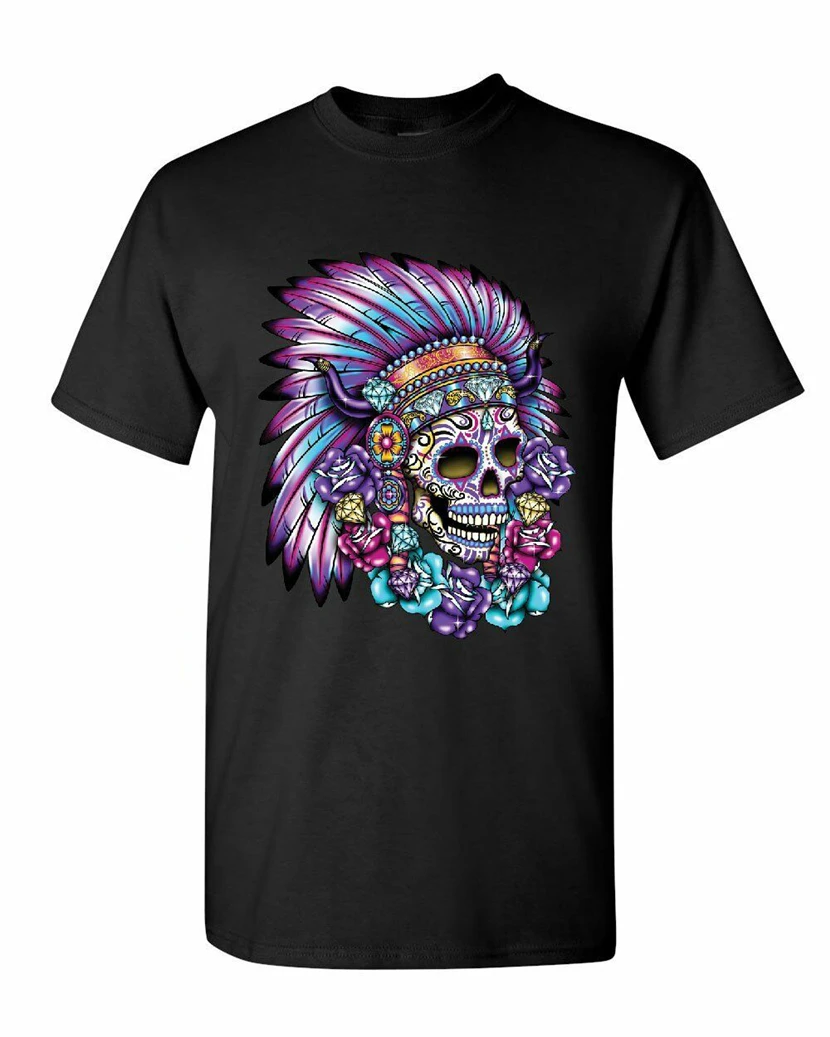 

Sugar Skull Headress T-Shirt Calavera War Bonnet Day Of The Dead Mens Tee Shirt Present Casual Tee Shirt