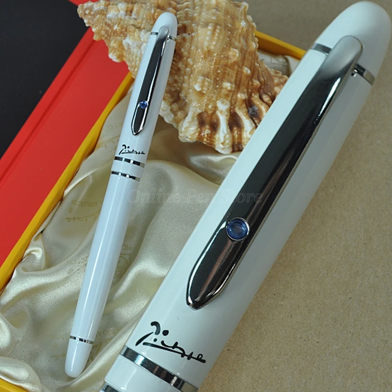 Picasso 608 White Fashion Metal 22KGP Medium Nib Fountain Pen Silver Trim Professional Stationery Writing Tool Pen Gift Box Set