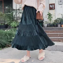 Осенне-зимняя женская Многослойная Бархатная плиссированная юбка Корейская версия однотонная эластичная высокая талия элегантная длинная юбка Макси Faldas