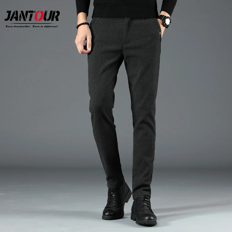 Зимние высококачественные мужские штаны из хлопка прямые весенне-летние длинные мужские плотные классические повседневные деловые брюки средней длины - Color: Black
