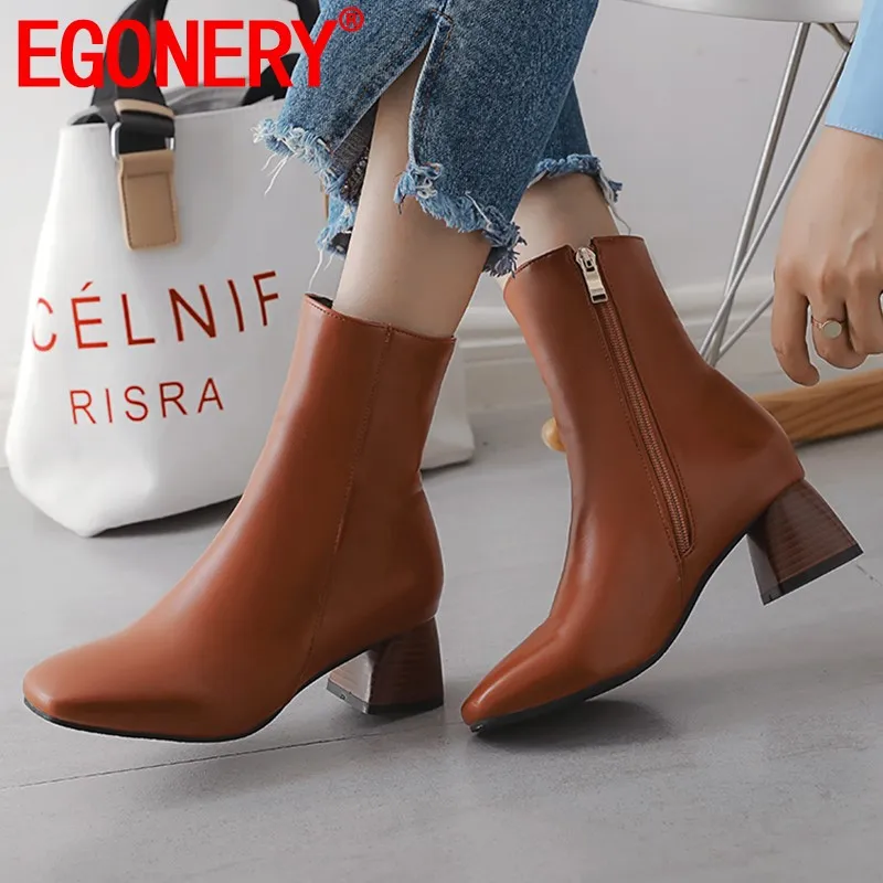 

EGONERY office women' shoes fashion zipper brown beige black ankle boots winter autumn plush Square toe 5cm mid heels booties