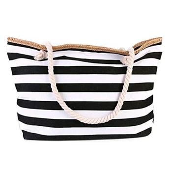

Canvas Beach Bag Large Stripe Handbag Purse Travel Tote
