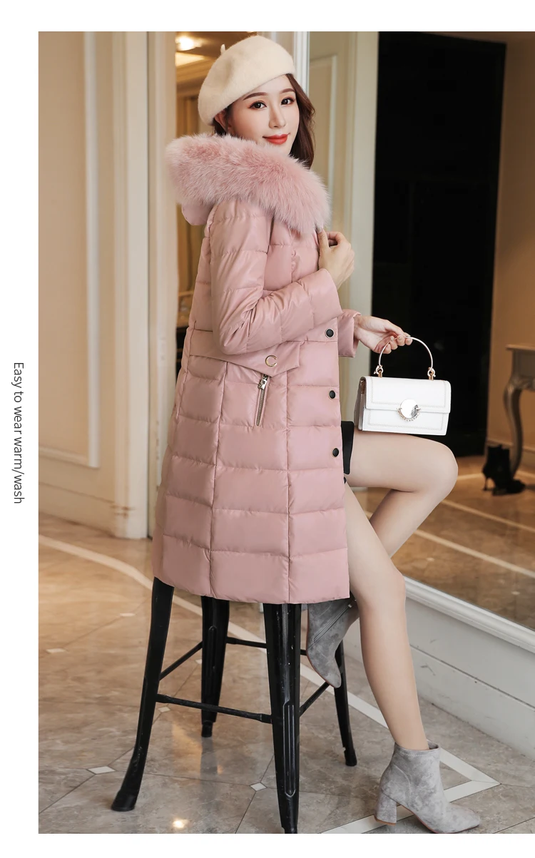 HANZANGL New Winter Women's Leather Down Jacket Korean Version Slim long Fox Fur Collar Fur Coat Women's Clothing