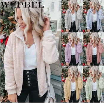 

WEPBEL Elegant Coat Soft Zipper Fur Jacket Female Plush Women Autumn Winter Warm Overcoat Pocket Casual Turn-down Collar Outwear