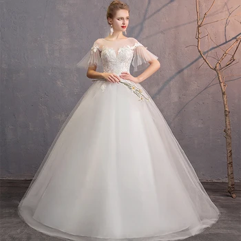 

Vestido De Noiva Elegant Lace Wedding Dresses O-Neck Short Sleeve Ball Gown Embroidery White Bride Gowns Robe De Mariee 2020