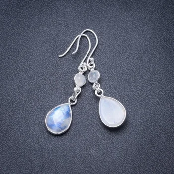 

Natural Rainbow Moonstone Handmade Unique 925 Sterling Silver Earrings 2" Y3070