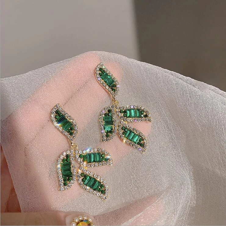 Vintage Branch Fresh Green Crystal Cubic Zircon Leaf Earrings for Women Wedding Anniversay Dangle Statement Jewelry | Украшения и