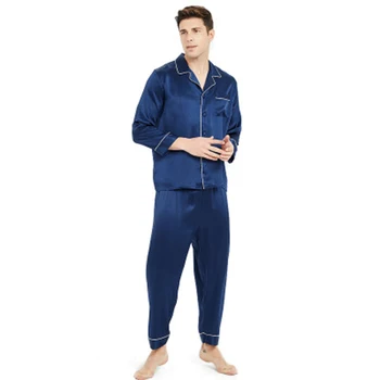 

New silk pajamas for men 100% silk long-sleeved Sleepwear spring summer long Full sleeve two-piece Blue Solid L XL XXL