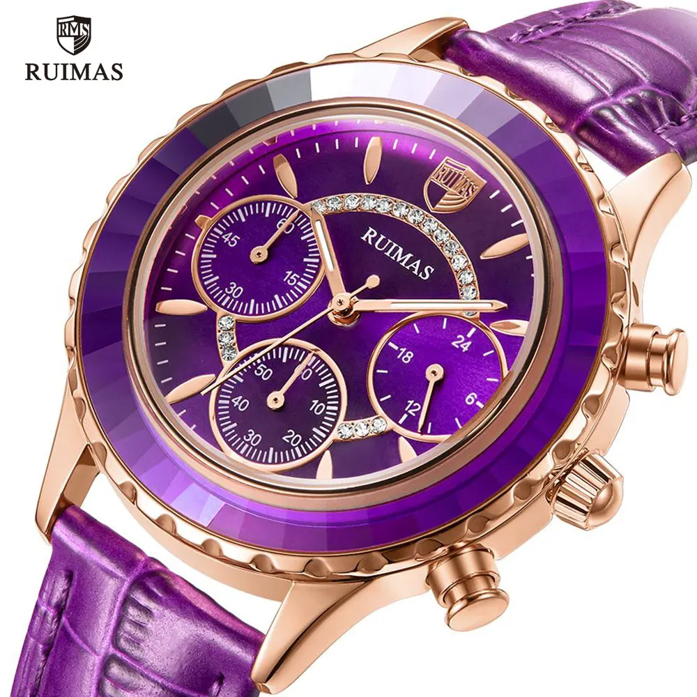 

RUIMAS Women Luxury Quartz Watches Fashion Purple Leather Wristwatch Lady Chronograph Watch Female Relogios Femininos Clock 592