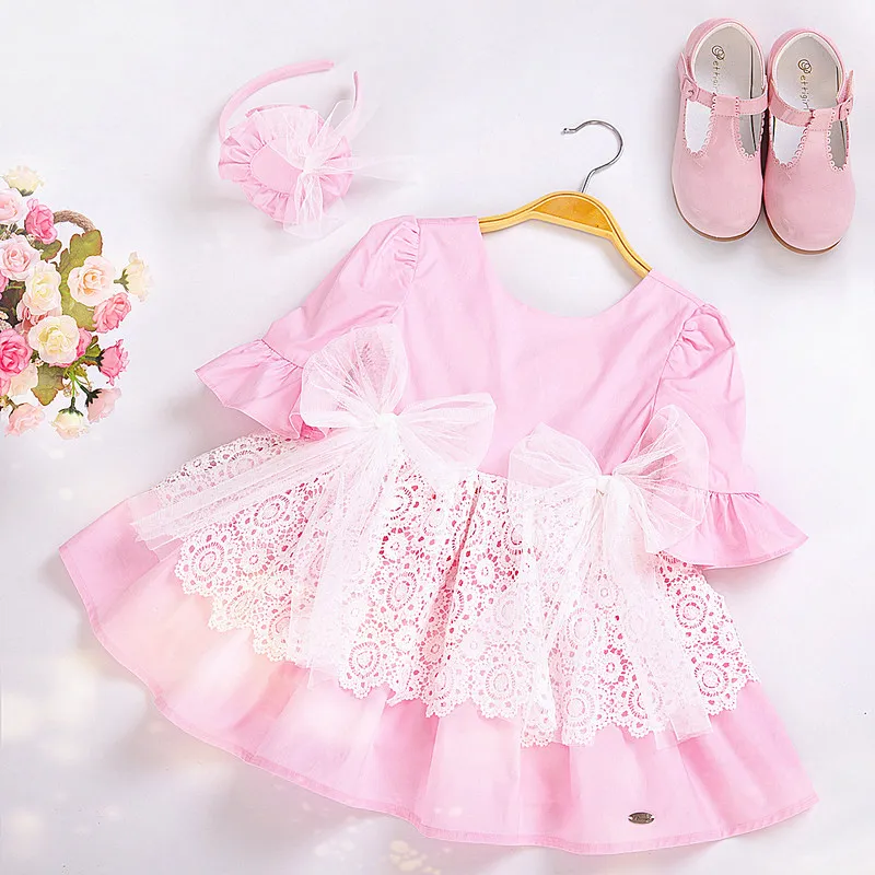 Cutestyles/новейшее Летнее белое кружевное розовое милое платье для маленьких девочек с повязкой на голову для свадебной вечеринки, детская одежда EG-DMGD203-31
