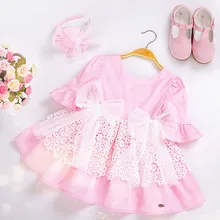Cutestyles/новейшее Летнее белое кружевное розовое милое платье для маленьких девочек с повязкой на голову для свадебной вечеринки, детская одежда EG-DMGD203-31