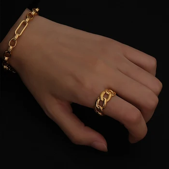 

Peri'sBox Gold Color Textured Chain Rings Curb Link Geometric Rings for Women Minimalist Open Stacking Rings Adjustable 2020 Hot