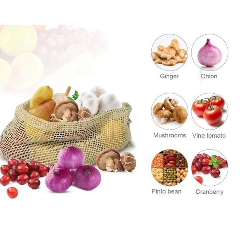 3Pcs Outdoor Reusable Natural Cotton Net Bag Camping Food Collection Storage Bag Camping Wild Food Storage Net Bag Drawstring Sh